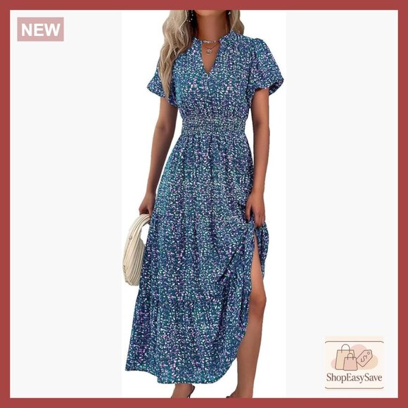 Dresses & Skirts - Floral Maxi Dress V Neck Puff Sleeve Smocked Waist Boho Casual Beach Wear